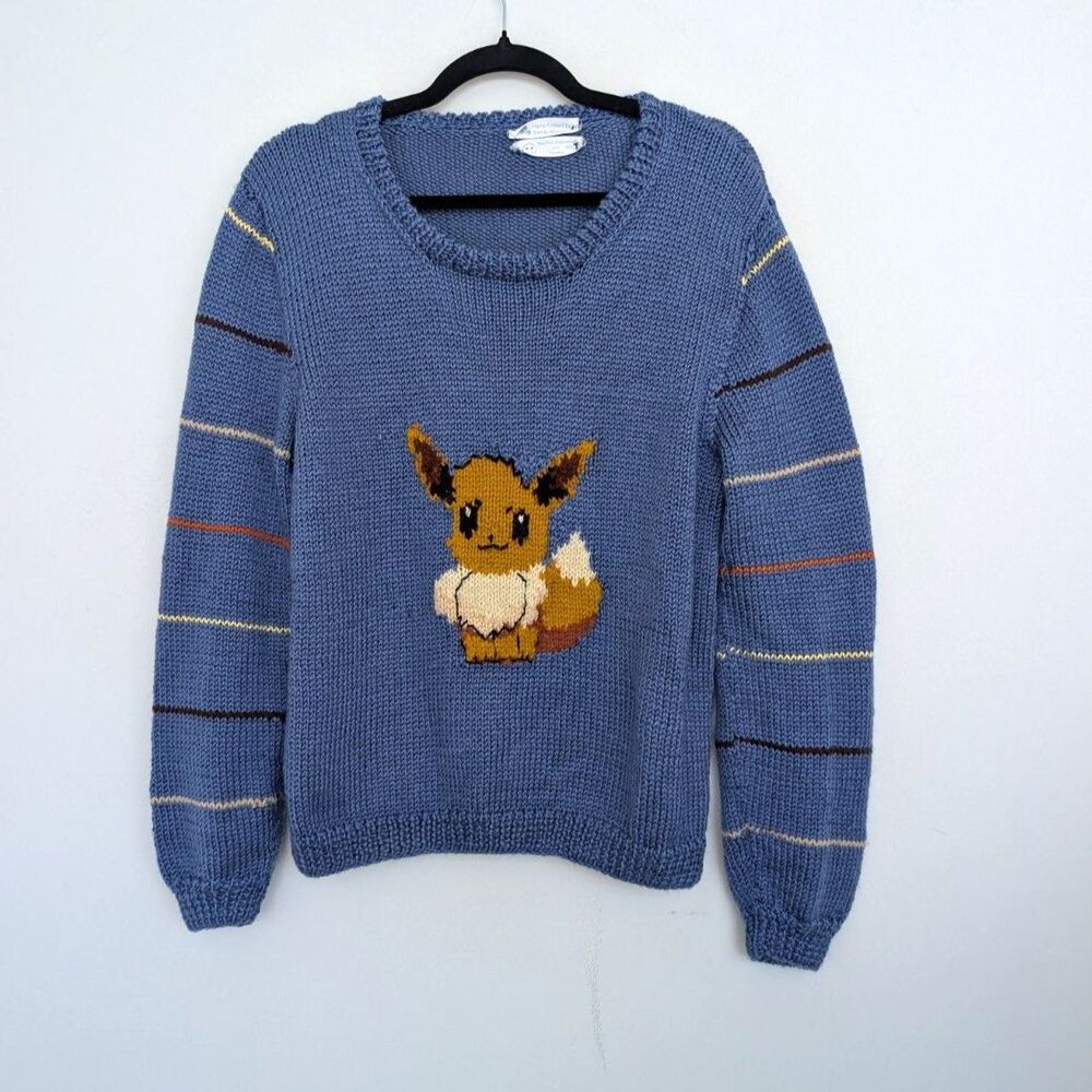 Hand Knitted Pokemon Theme Picachu Eevee Crochet Knit Crewneck Sweater Sz S/M